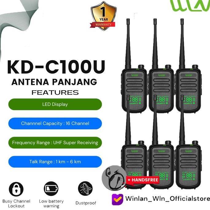 TERBARU Walkie talkie HT Two-Way Radio WLN Layar LED KD - C100U ISI ( 6 PCS ) + HANDSFREE - Antena p