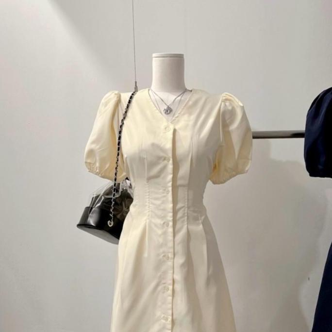 Terbaru Premium (Ready) Terjamin Amanda Korean Dress V-Neck // Midi Dress Korea // Dress Korset // D