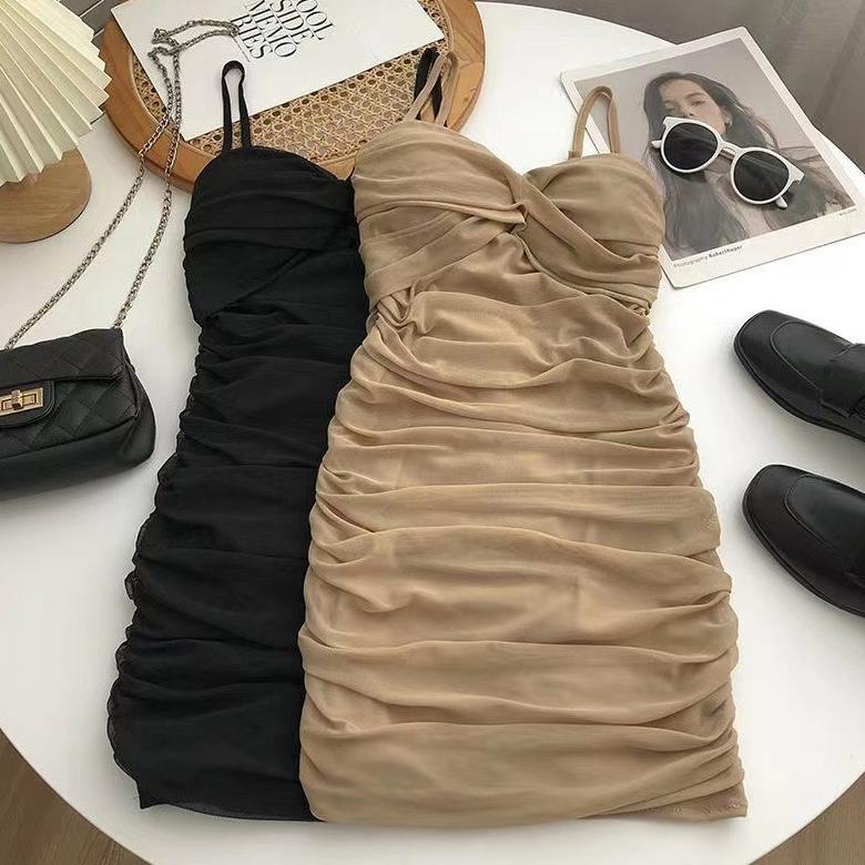 hot sexy ruched mini dress in black hitam and brown cokelat coklat beige - dress casual kasual / kor