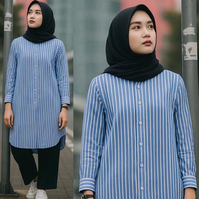 (BEST SELLER) Poply Long Tunik Strip |  Atasan Tunik Panjang Muslim  Remaja Wanita Katun Motif Salur