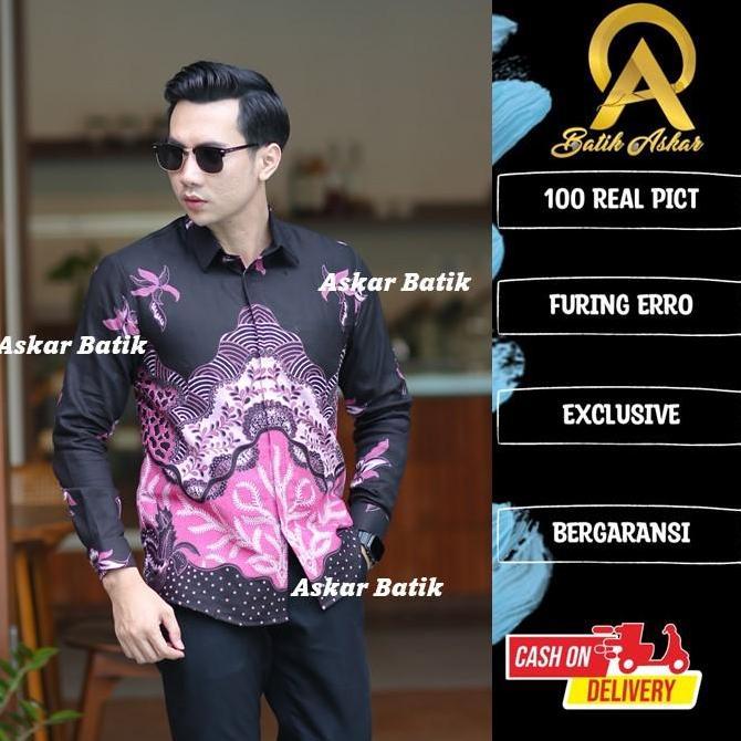 (BEST SELLER) CANDRA PINK Batik Pria Slimfit Lengan Panjang Warna Hitam Pink Baju Nyaman