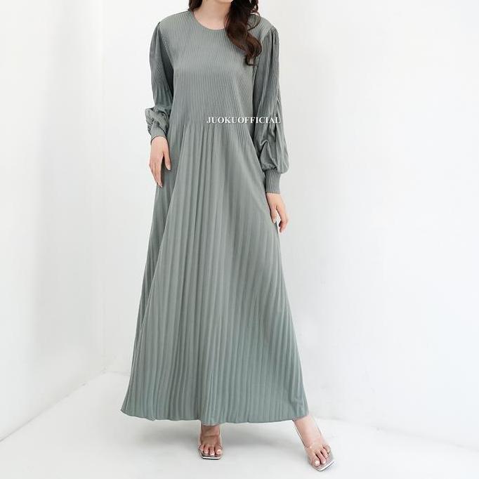 Bergaransi Maxi Dress Plisket Lidi Cabang Lengan Balon / Dress Lengan Panjang / Dress Panjang / Gaun