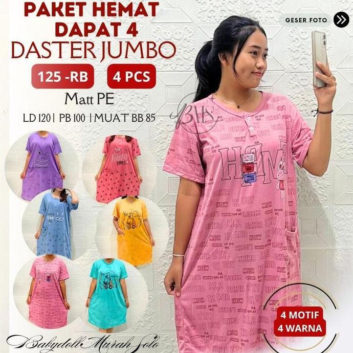 Tahan Lama  Dapat 4 Pcs Daster Jumbo Baju Tidur Wanita Ld 120Cm, Muat Bb 85Kg, Bahan Kaos-Babydoll M
