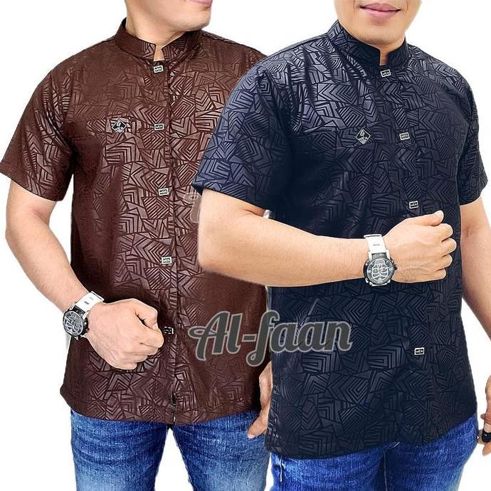 Baju Koko Al-faan koko Lengan pendek kemko pria atasan muslim pria kemeja sporhem motif emboss Alzan