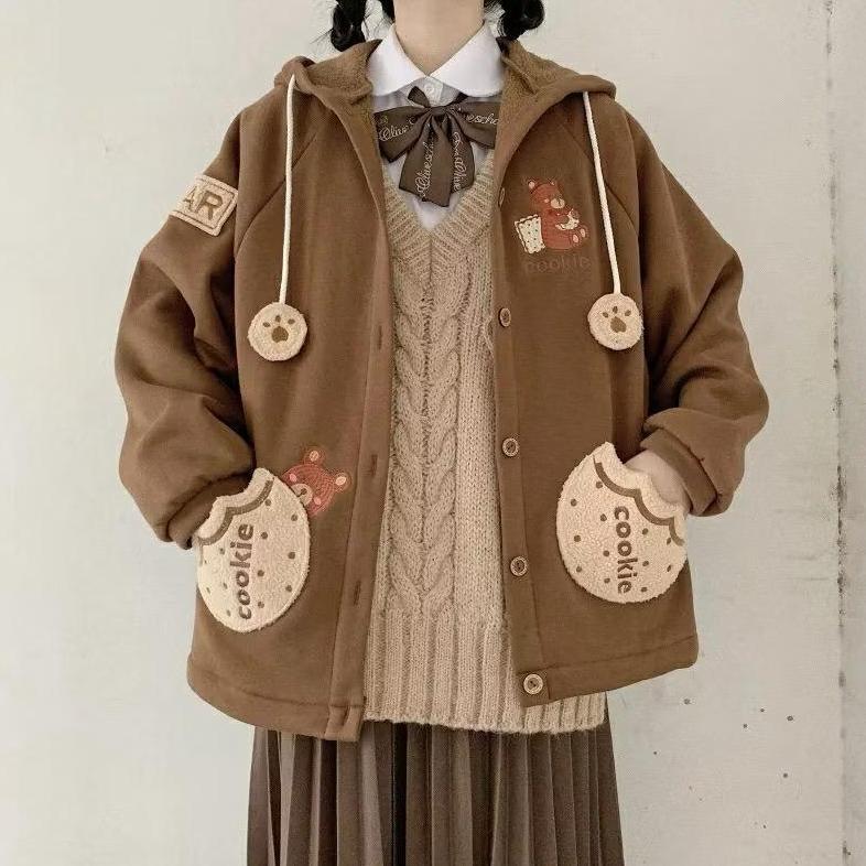 ORIGINAL JAKET LUCU WANITA KOREA - COOKIE BEAR BUTTON - JACKET HOODIE TEBAL