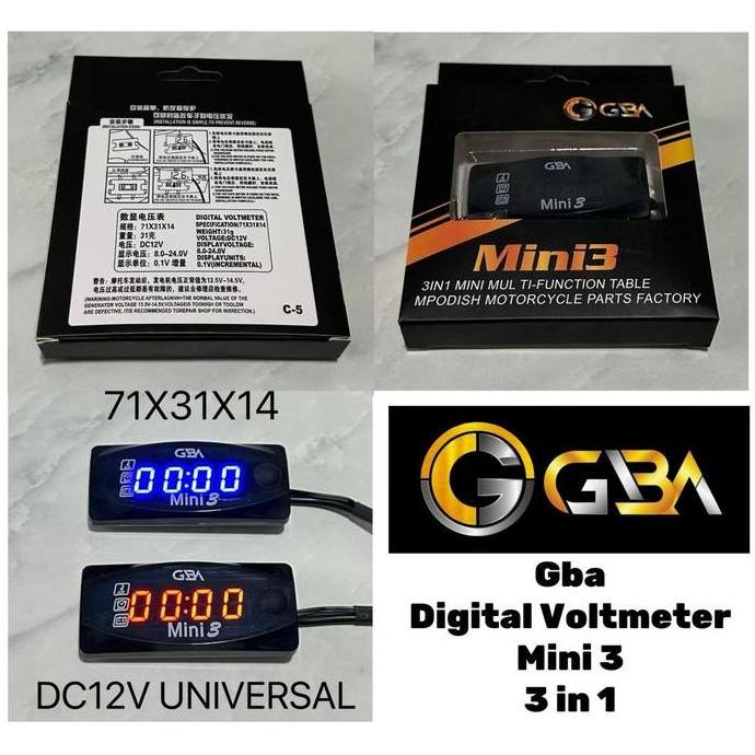 Mepora- Gba Voltmeter Digital Mini3 3In1 Pengukur Aki Motor & Suhu Jam Digital Dc12V Universal Led B
