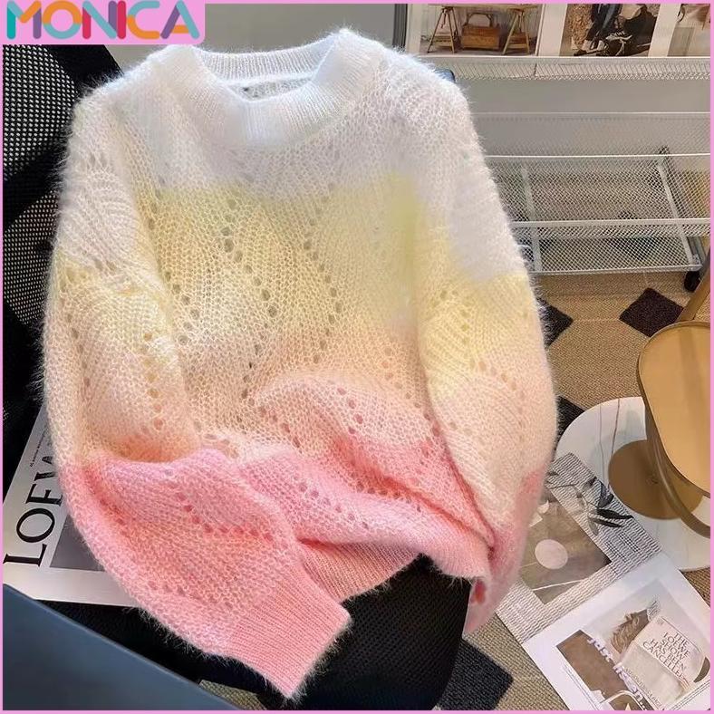 PREMIUM MONICA SWEATER RAJUT WANITA RAINBOW PELANGI LENGAN PANJANG PULLOVER LEHER BULAT KOREA