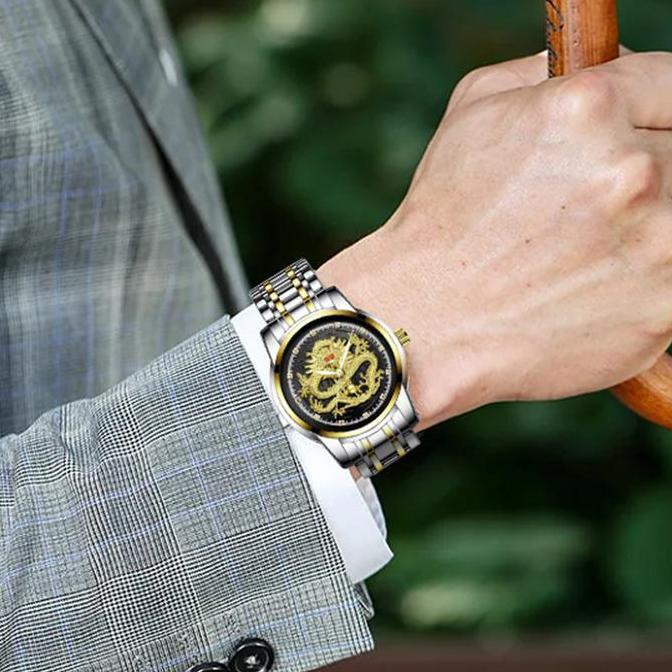 Wgwg- Sunlifex Jam Tangan Pria Naga Emas Stainless Steel Dragon Gold Quartz