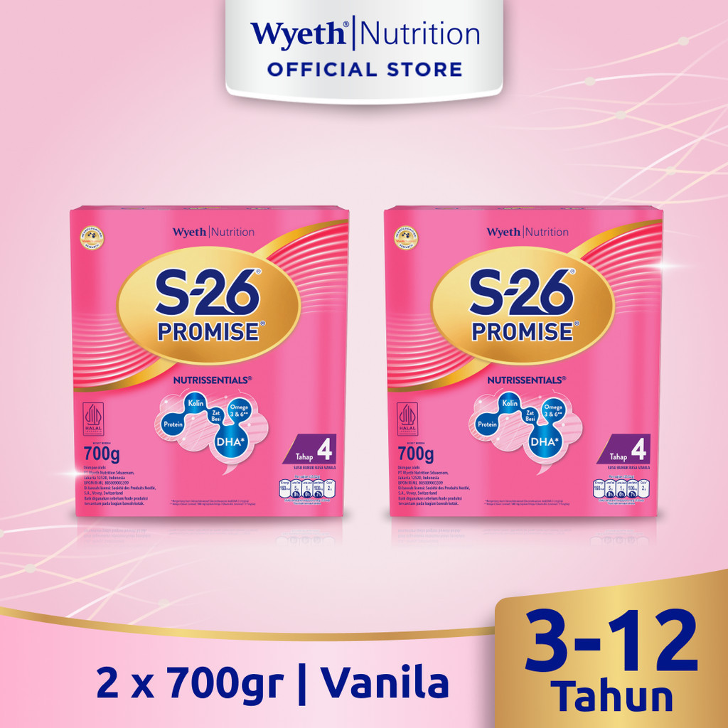 S-26 Promise Tahap 4 Vanila Susu Bubuk untuk Anak Usia 3-12 Tahun, Kotak 700 gr x 2 [1400 gr]