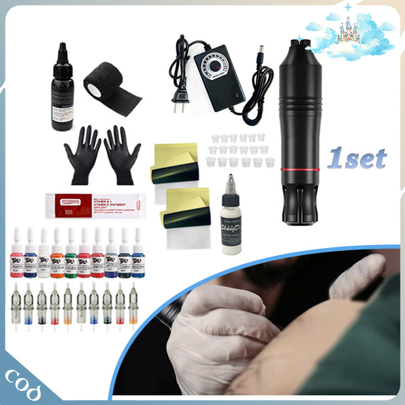 -1Set- Lengkap Alat Tato Hitam Dengan Tinta Sarung Tangan Dan Perawatan Untuk Pemula Dan Profesional