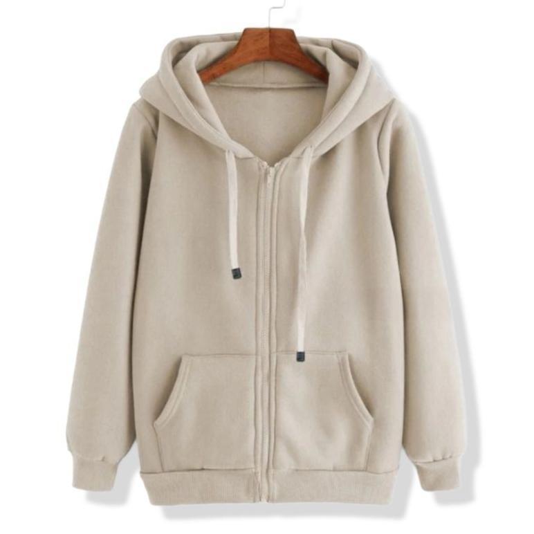 BEST SELLER SWEATER HOODIE ZIPPER PRIA FLEECE TEBAL POLOS CREAM