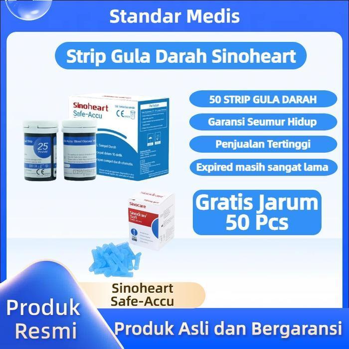 Free Jarum Sinocare/Sinoheart Safe Accu Strip Uji Gula Darah (50 Strip) Sinoheart  Sinocare Strip Gu