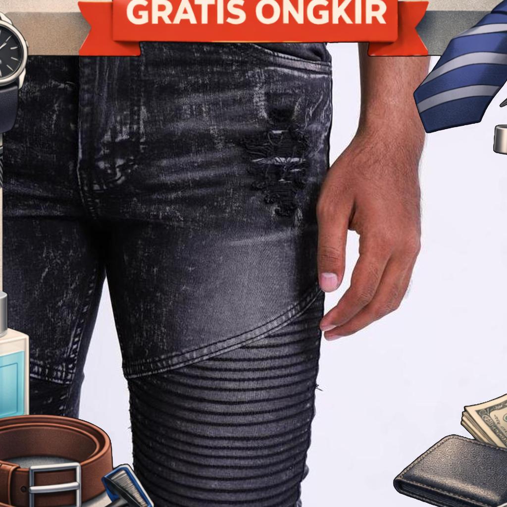 Weirdjeans - Biker Black Ashkelon - Celana Biker Jeans Pria Skinny Fit