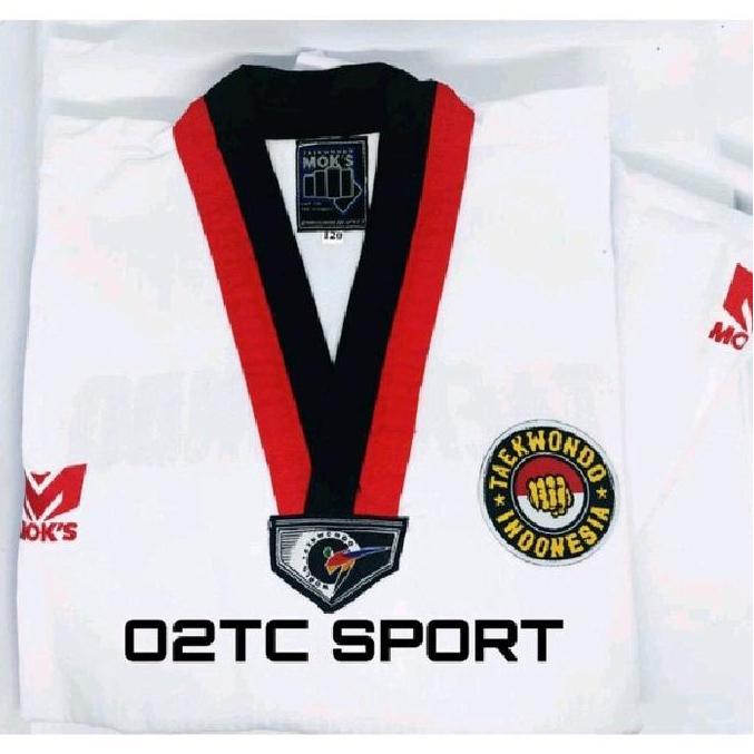 Dobok Taekwondo Moks Young Fighter Kerah Putih dan Kerah Merah Hitam/Poom