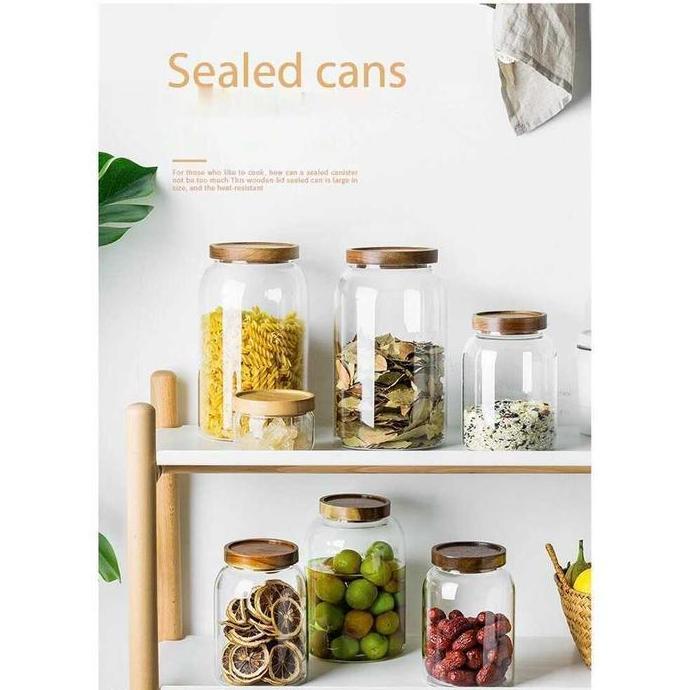 One Two Cups Toples Kaca Jar Penyimpanan Makanan Kue Biji Kopi Tutup Kayu Kedap Udara Ukuran Besar -