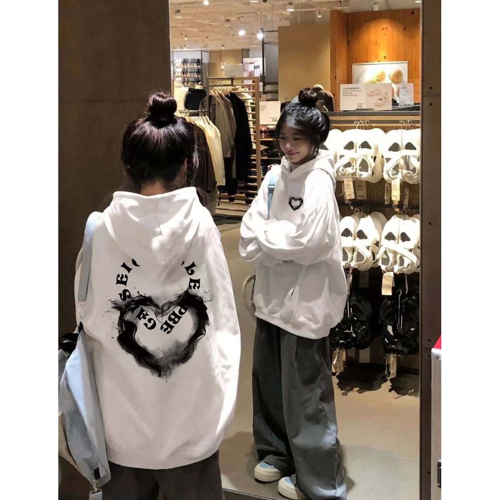 Qlioo Sweater Hoodie Oversize Wanita Fashion Cetakan Hati Yang Keren Hoodie Wanita Tebal Premium Ori