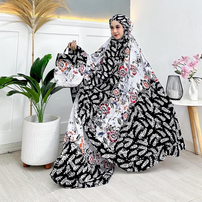 Promo  Mukena Batik Cap Pekalongan Rayon Putih Hitam