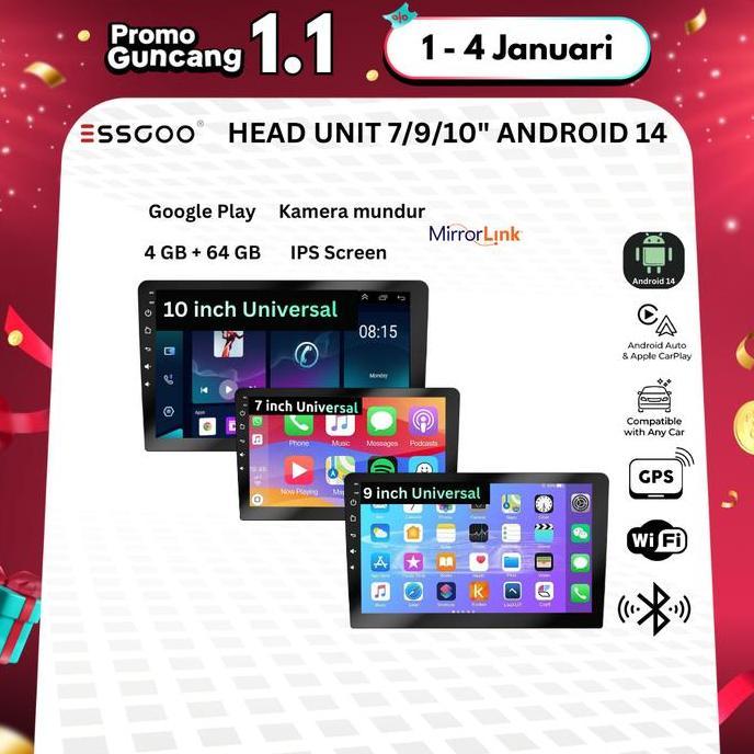 ESSGOO Head Unit Android 14 mobil 4G+64G  7/9/10 Inch 2 Din Kontrol Suhu Cerdas IPS Layer Mobil Navi