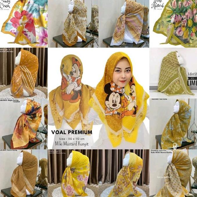 Thebest- Edisi Yellow - Hijab VOAL MOTIF PREMIUM Jilbab Lemon Lime Mustard Kuning Kunyit Segiempat L