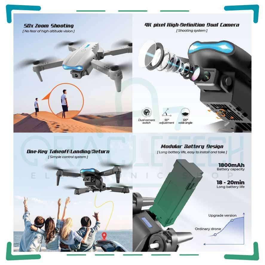 Drone E99Pro Dual Camera Video Ultra Hd Smart  Baterai 1800Mah Bergaransi