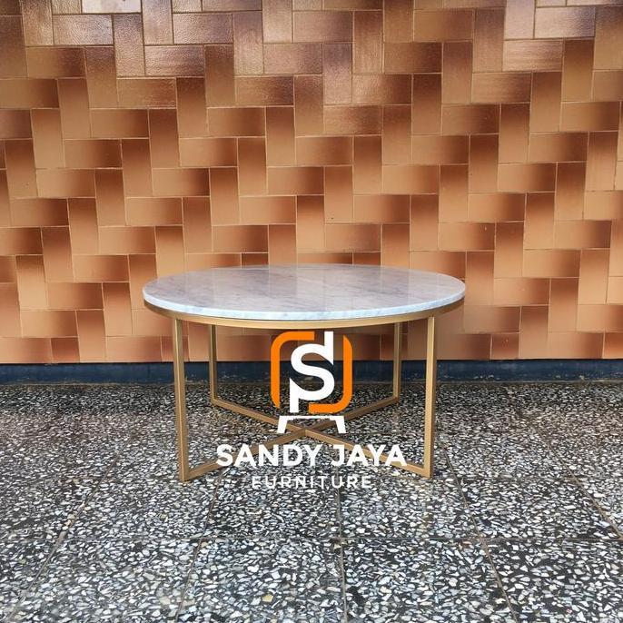 Terlaris Meja Tamu Marmer Rangka Besi Hollow, Coffee Table Marbel Bundar Gold