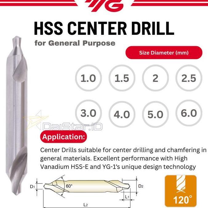 Alatlengkap- Yg-1 Center Drill 1 | 1.5 | 2 | 2.5 | 3 | 4 | 5 | 6 Mm Hss Dv301 Yg1