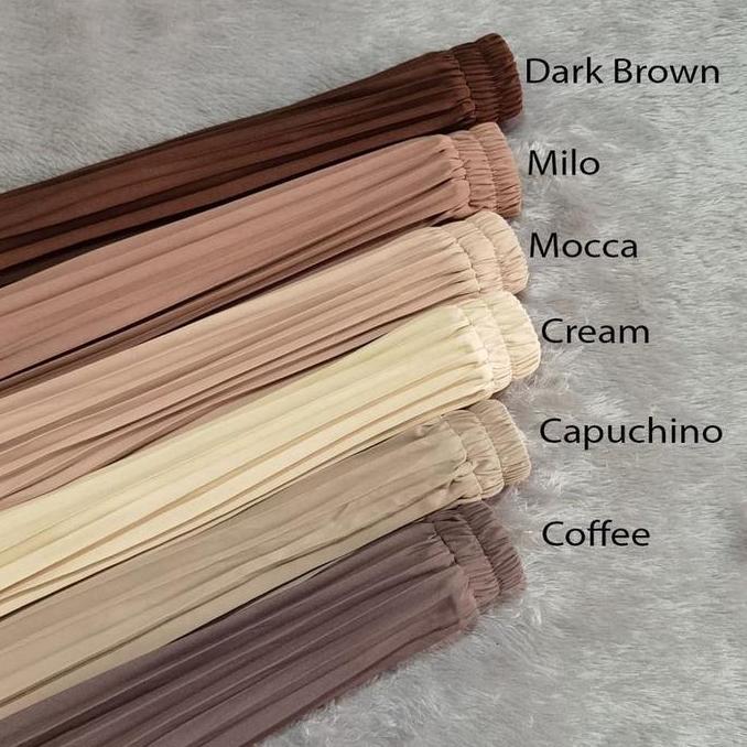 Rok plisket panjang wanita bahan cokelat brown milo mocca cream rok