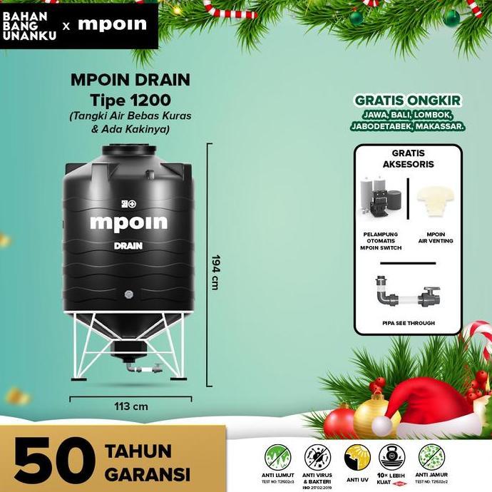 Serbaledeng- Mpoin Tangki Tandon Toren Air 1200 Mpoin Drain 1100 Liter Garansi 50 Tahun Anti