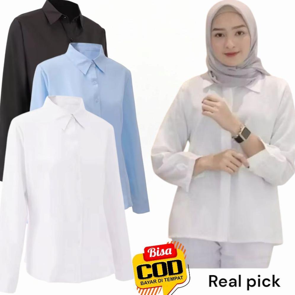 ORIGINAL KEMEJA WANITA PUTIH LENGAN PANJANG -  BAJU KEMEJA PUTIH WANITA HEM KANTOR  FORMAL BAJU OSPE