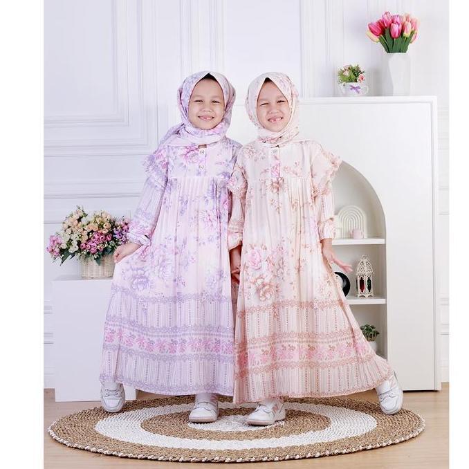 Dungdungkids Gamis Anak Vanesha Ceruty Motif Bunga Plisket Free Jilbab Segi Empat 5 - 11 Tahun
