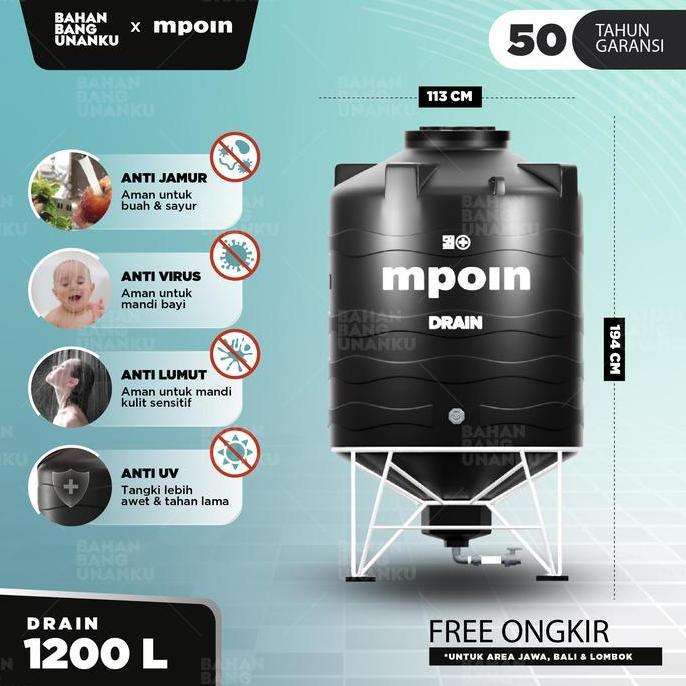 Langsungaja- Mpoin Tangki Tandon Toren Air 1200 Mpoin Drain 1100 Liter Garansi 50 Tahun Anti