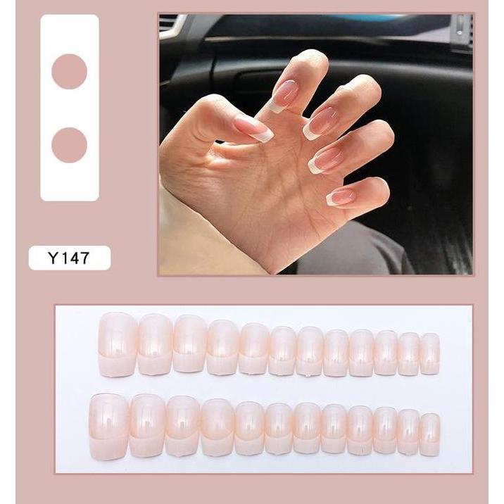 Nay- 24Pcs Set Kuku Palsu Tangan Dan Kaki Model French Manicure + Lem Tahan Air Fake Nails Art Brida