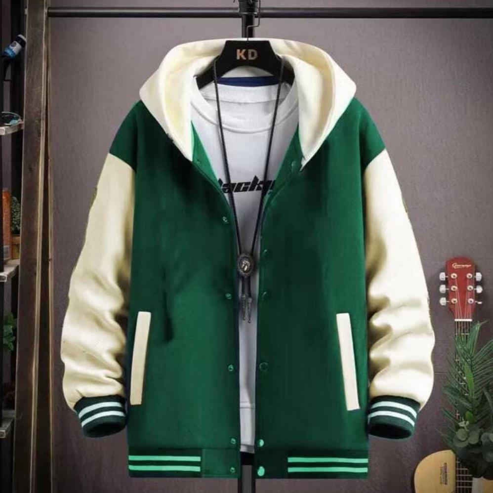 New Jaket Hoodie Varsity Hitam Cream Polos - Jaket Baseball Varsity Polos Model Kancing Premium Unis