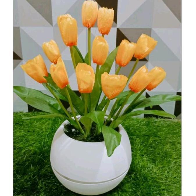 Flowandbe- Buket Bunga Tulip Artificial Dengan Pot Bola Jumbo Dekorasi Bunga Plastik