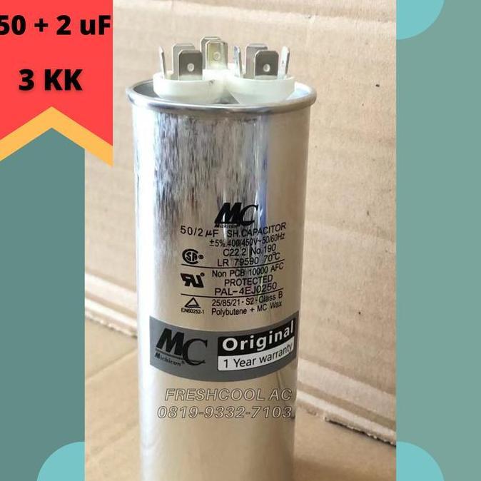 Lansungkirim- Kapasitor Ac / Capacitor Ac Lg 3 Kaki Merk Mc 50/2 Uf (50/2 Mikro)
