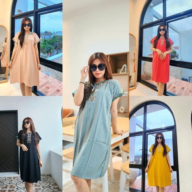 Premium Tiara Dress Bordir Rayon Twill Busui Friendly Midi Nyaman Baju Wanita Tangan Pendek