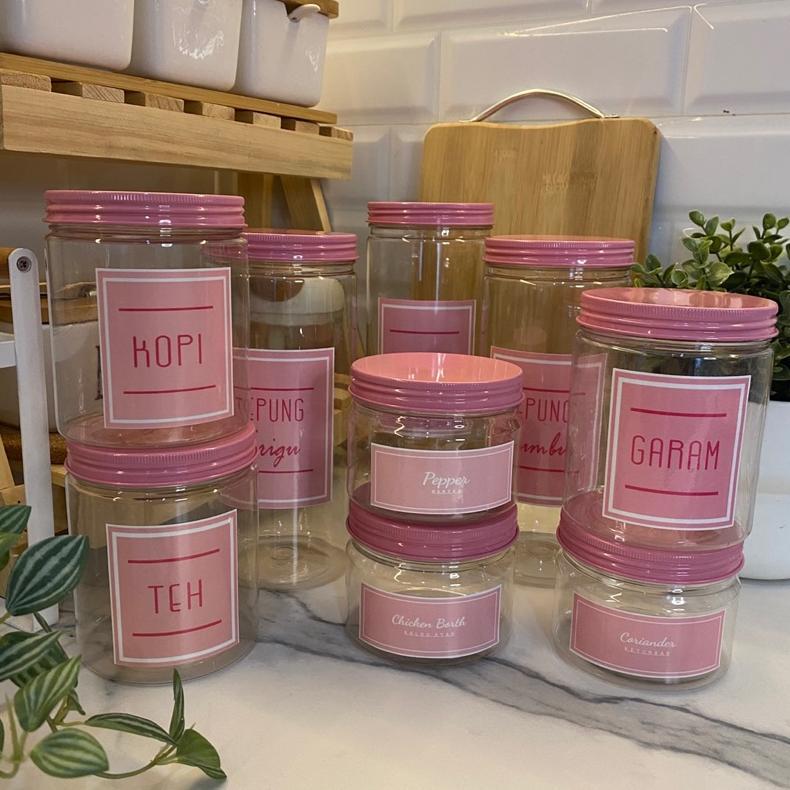 Unik Paket Hemat 9 Toples Bumbu Dapur Tutup Pink Alumunium Free Stiker Vinyl