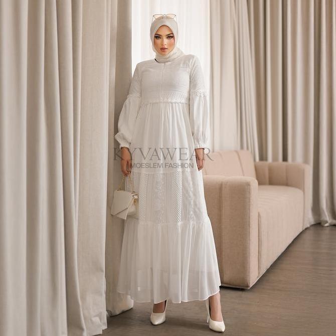 DE43 - KYVA GAMIS ABAYA MUSLIM BROKAT PUTIH MOSCRPE TERBARU 048 PESTA REMAJA