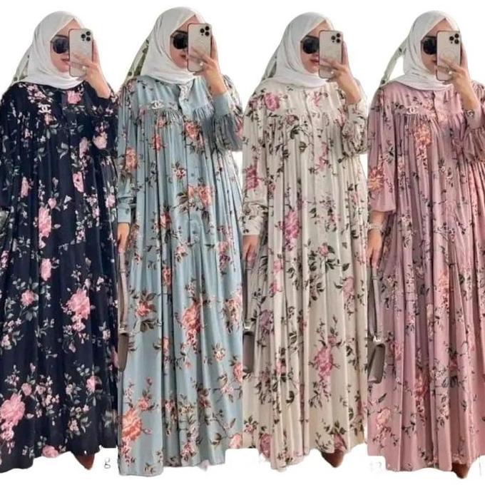 DR282 - Zaskia Dress Gamis Rayon Diamond Kain Katun Premium Bunga Aloora Sakura Motif Terbaru Kekini