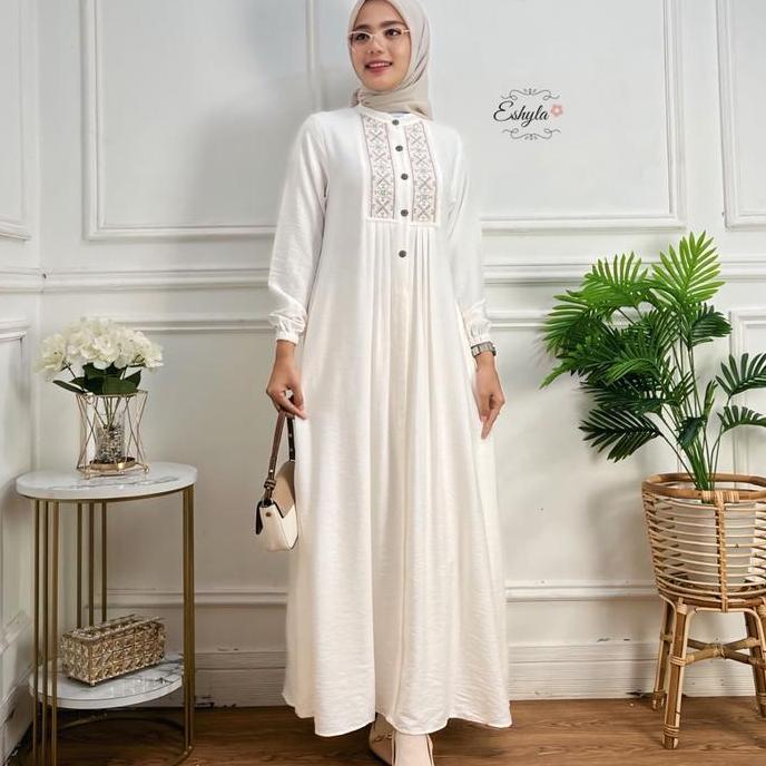 Instancodbisa- Arumi Dress - Gamis Bordir Polos Wanita Linen Crinkle Premium