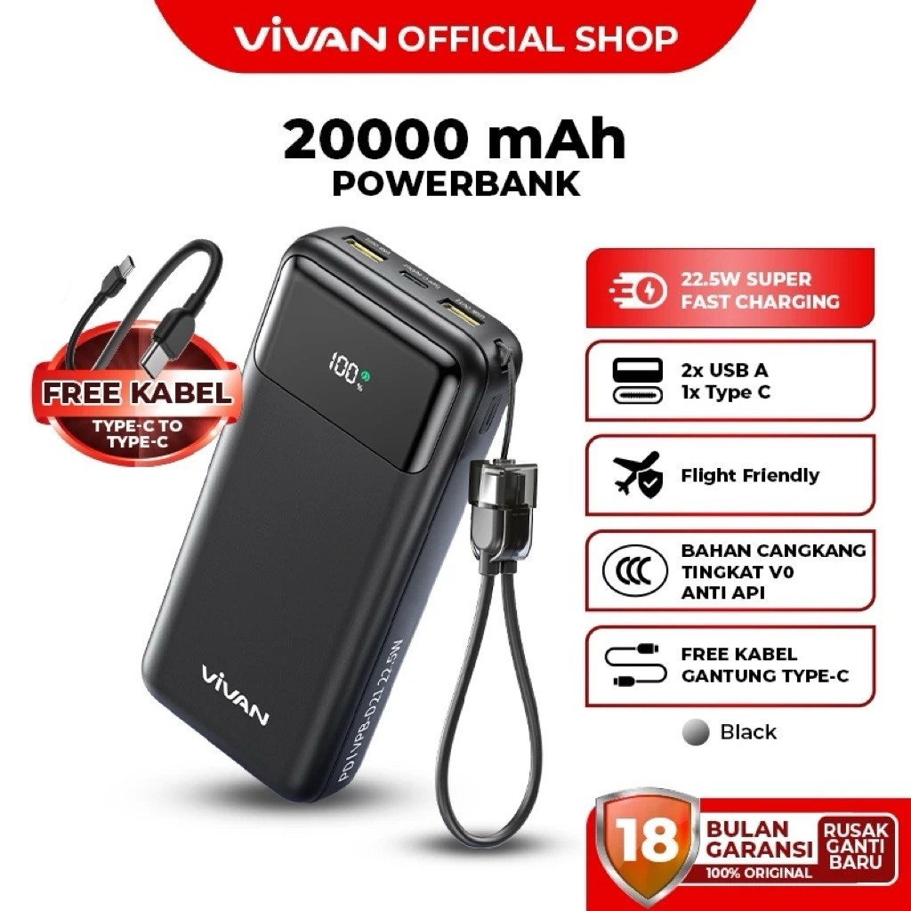 [TERSERTIFIKASI CCC] VIVAN VPB-D11 | VPB-D21 Powerbank 10000mAh 20000mAh Fast Charging 22.5W LED Dis