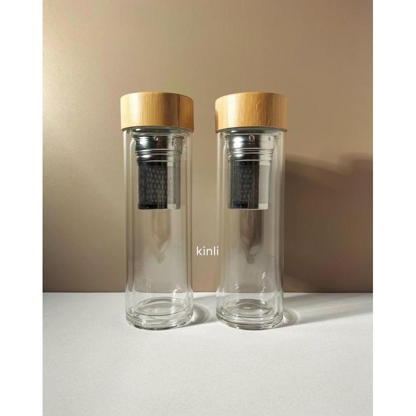 TERBARU - double wall glass tea bottle stainless steel infuser bamboo lid