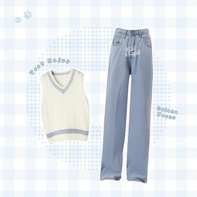 KUKI OUTFIT - Sean Baju One Set Wanita (Kemeja, Vest Rajut BKK, Celana Jeans) Korean Style Rompi Set