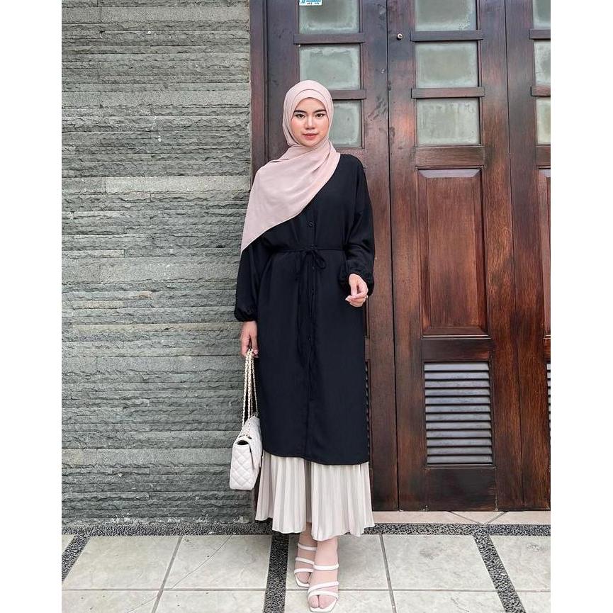 Elmiza - Alesha Tunik Bahan Premium Shine Lux Simple Elegan Long Tunik Full Kancing Hidup