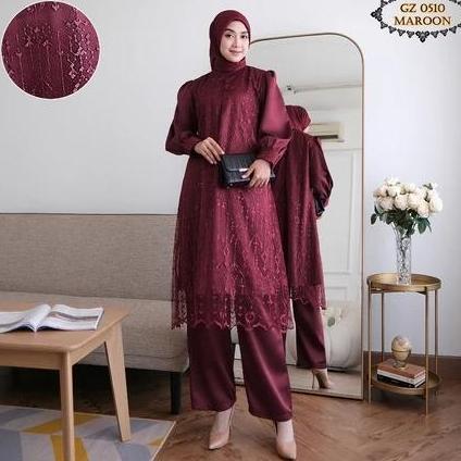 TERBARU LAURA SET BRUKAT SETELAN TUNIK CELANA  ONE SET LONG TUNIK DAN CELANA SETELAN WANITA MUSLIMAH