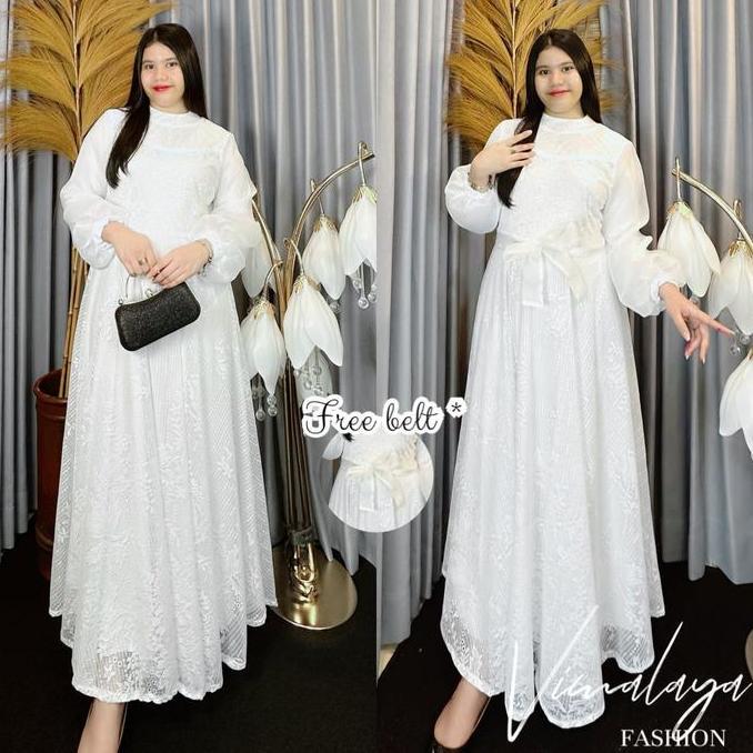 Gamis Brokat Putih Kombinasi Organza 6291 Baju Muslim Vima