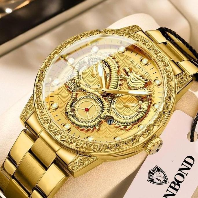 DE47 - TERBARU Jam Tangan Pria BINBOND BP-03 Arloji Ukir Naga Mewah Tahan Air 30m Unik 3D Ukiran Tim