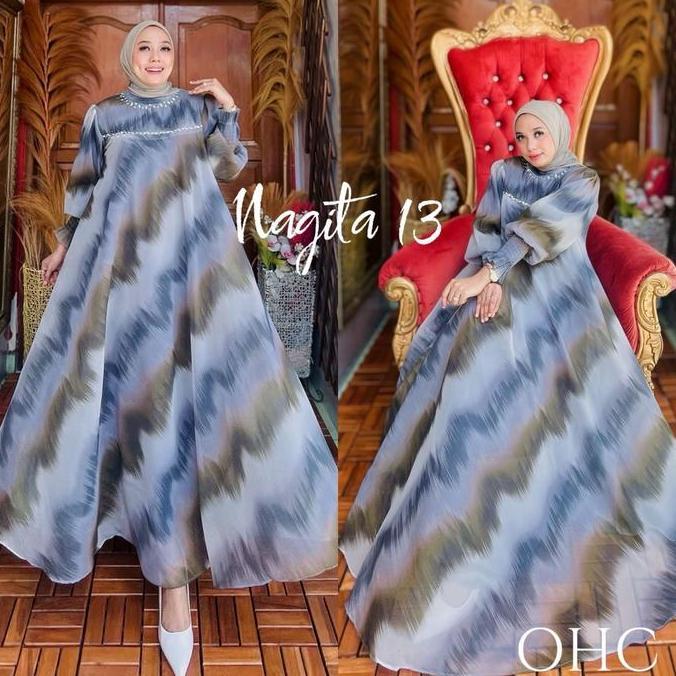 NAGITA DRESS PREMIUM ORGANZA PRINT by OHC Gamis Muslim Wanita Payet Cantik