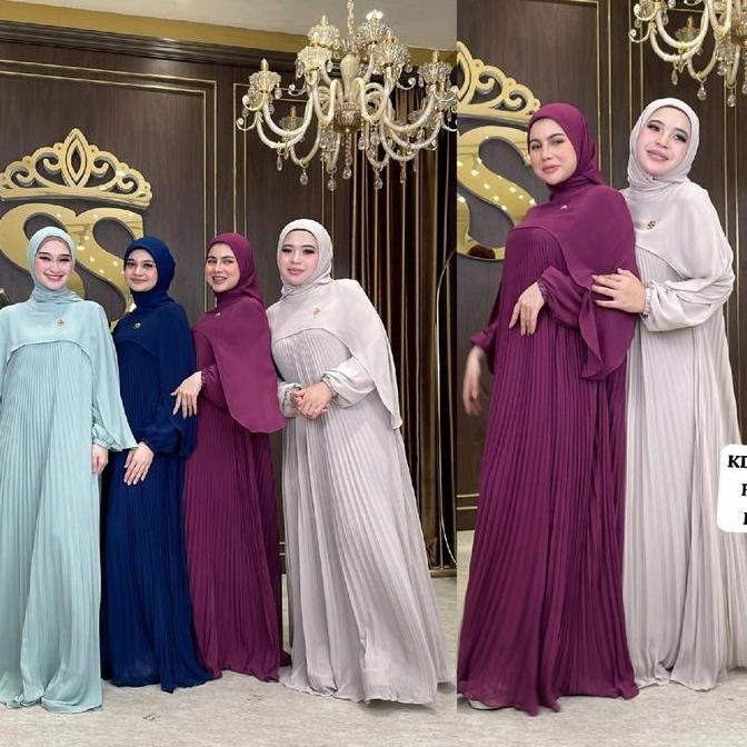 Shellasaukia dress gamis Set Hijab plisket  Dewasa Muslim Lebaran Mewah Syari Remaja Wanita Kondanga