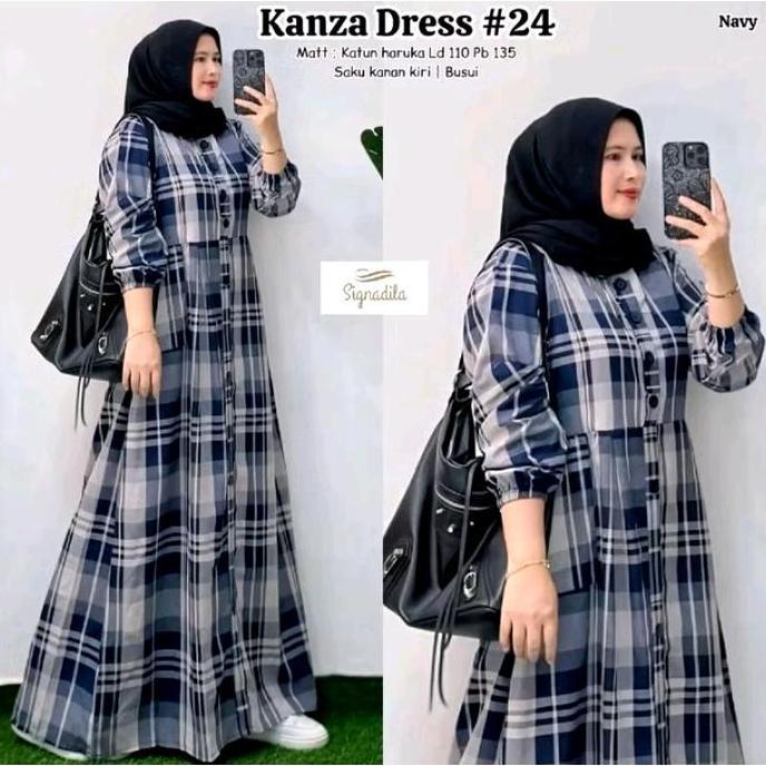 Promo Bulan Ini Gamis Cantik Bahan Katun Haruka Lembut Motif Kotak Kanza Dress #21